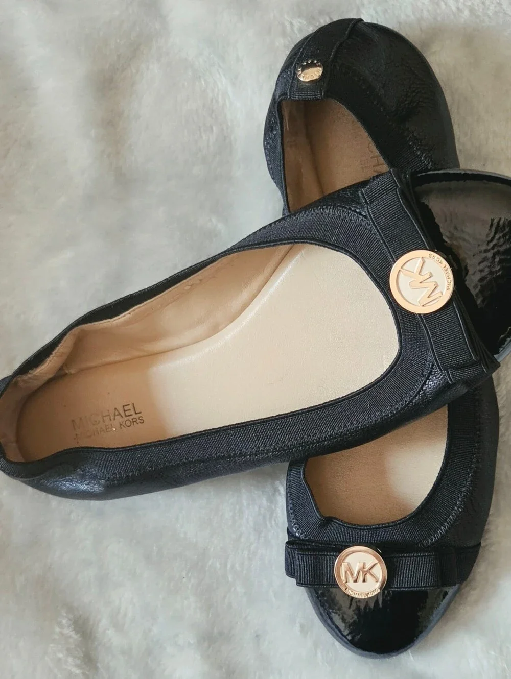 Michael Kors Black Patent & Leather Ballet Flats with Gold MK Medallion